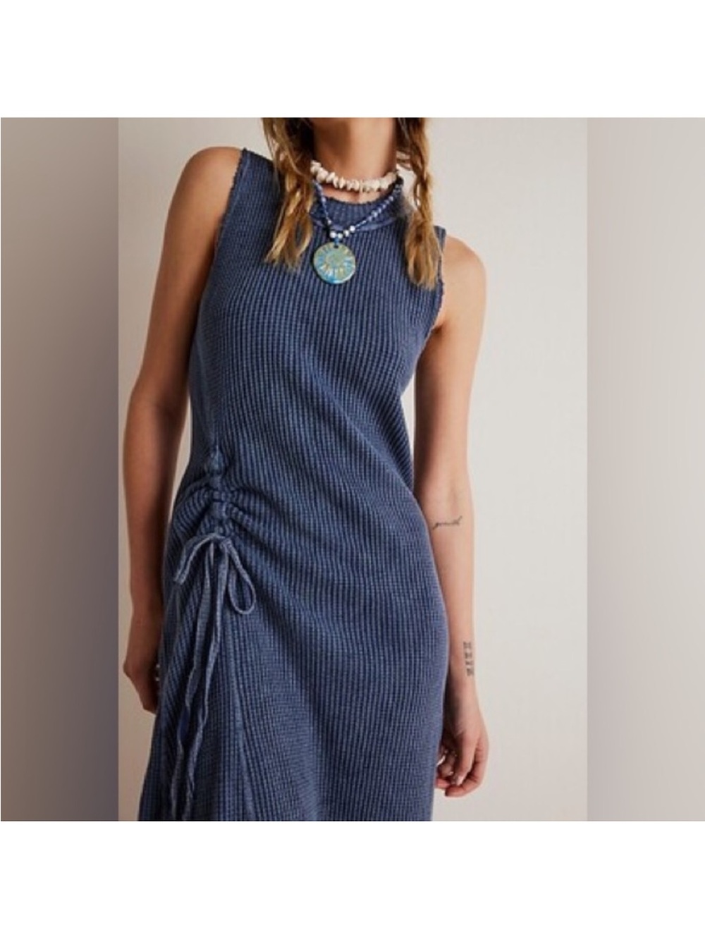 Free People One Natasha Sleeveless Waffle/Thermal Maxi Dress in Denim Blue